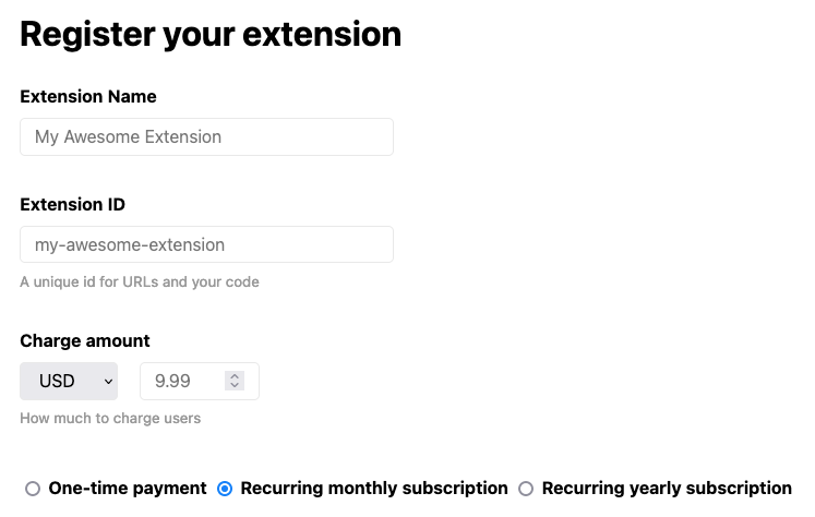Screenshot of ExtensionPay register extension screen with support for 135 currencies and one-time or recurring subscription payments