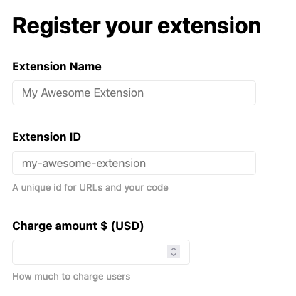 Screenshot of registering an extension on ExtensionPay.com
