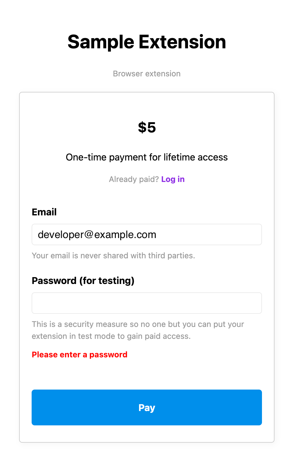 Screenshot of ExtensionPay sample extension payment screen in development mode