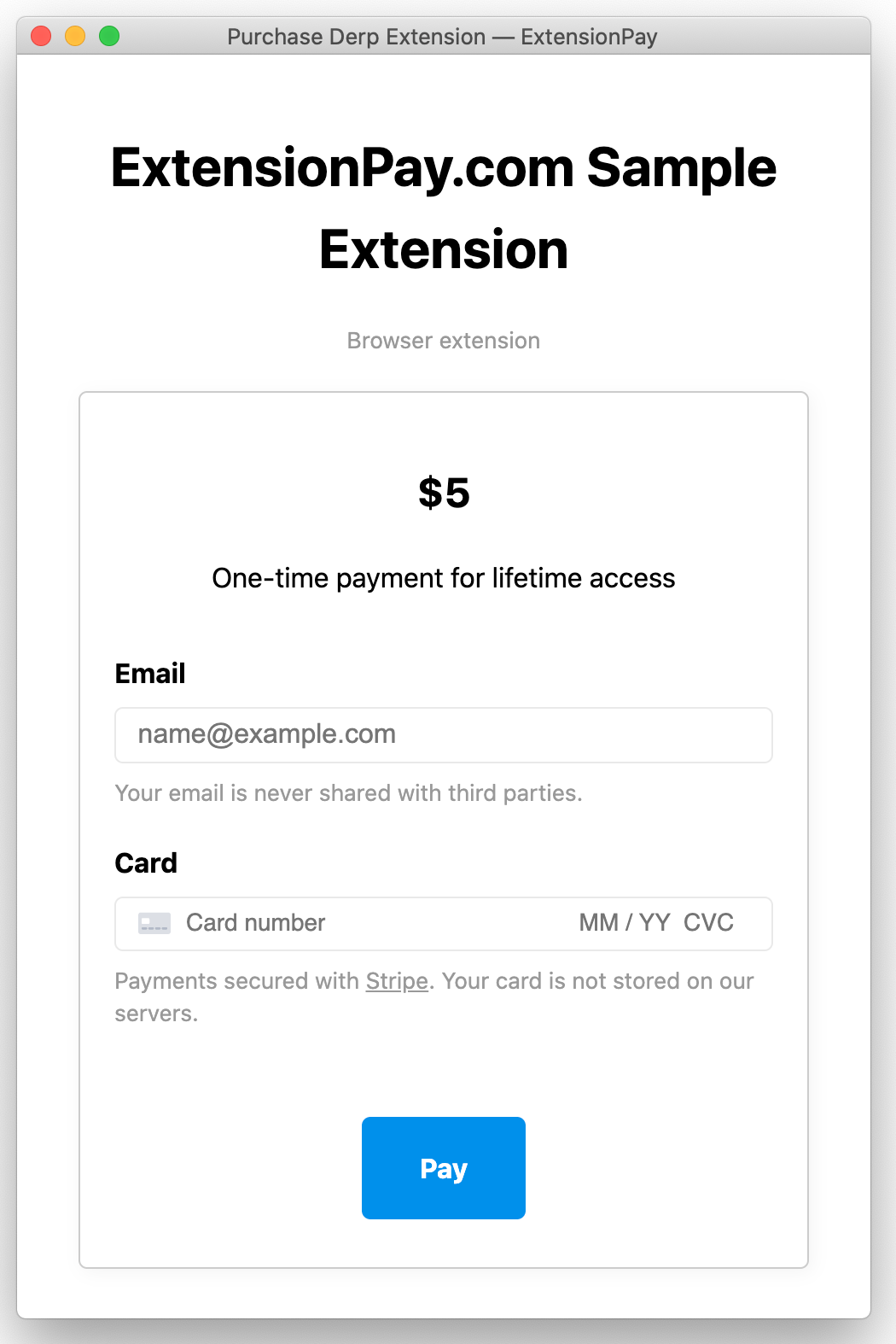 Screenshot of ExtensionPay payment screen