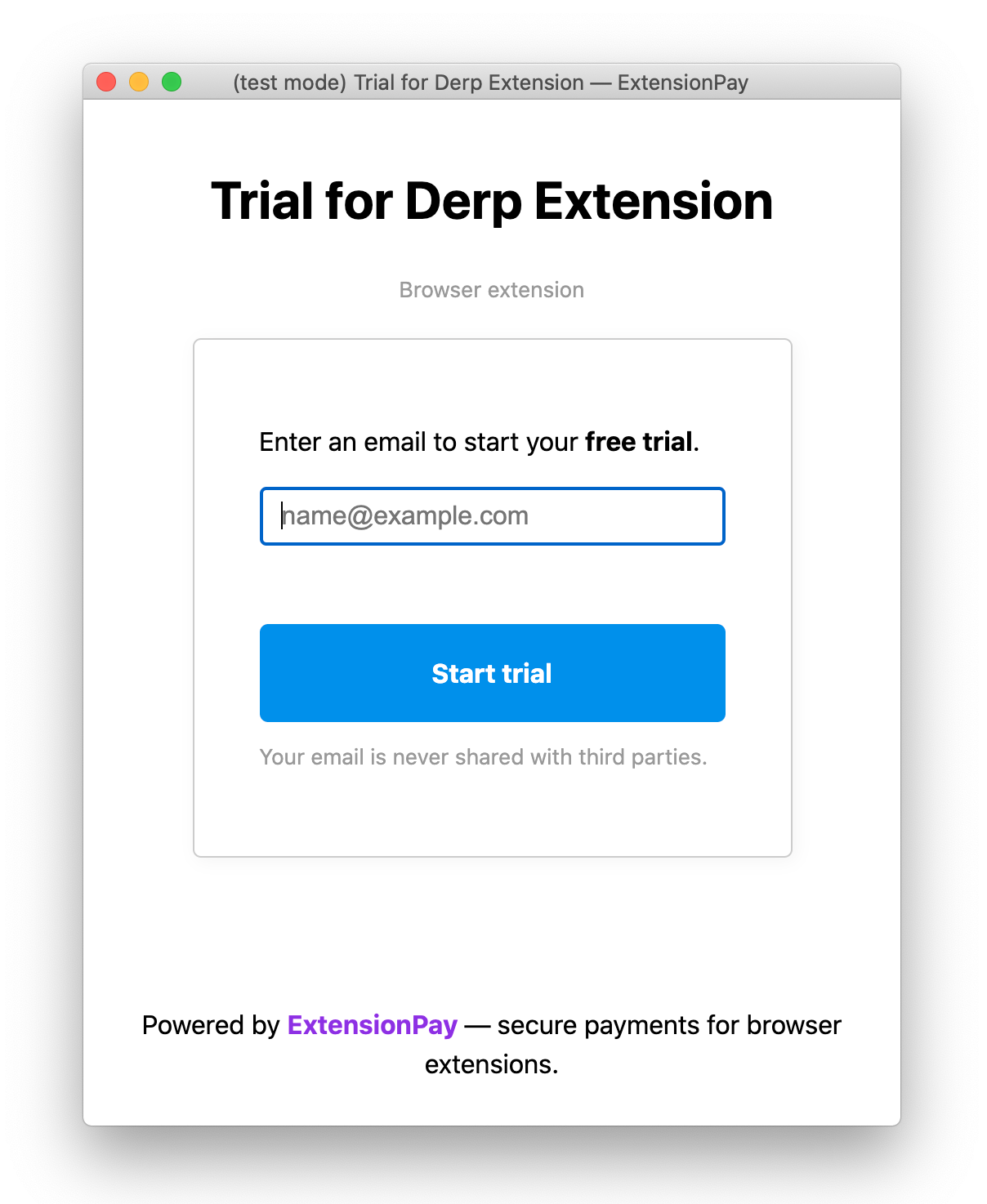 Screenshot of the ExtPay Chrome extension free trial page